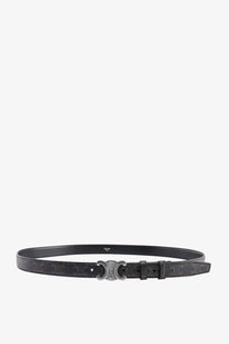 Celine men’s black leather belt with subtle repeating pattern and silver toned buckle featuring Celine logo