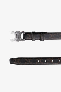 Celine men’s black leather belt with subtle repeating pattern and silver-toned c shaped buckle