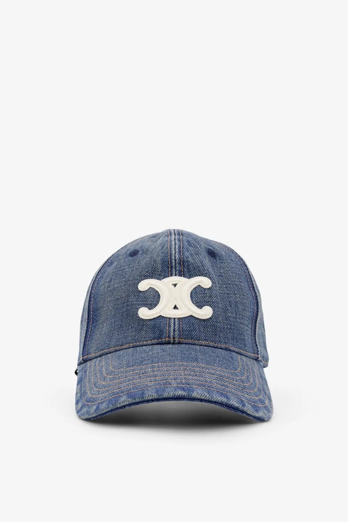 Blue denim baseball cap with white embroidered celine logo featuring triomphe design for men