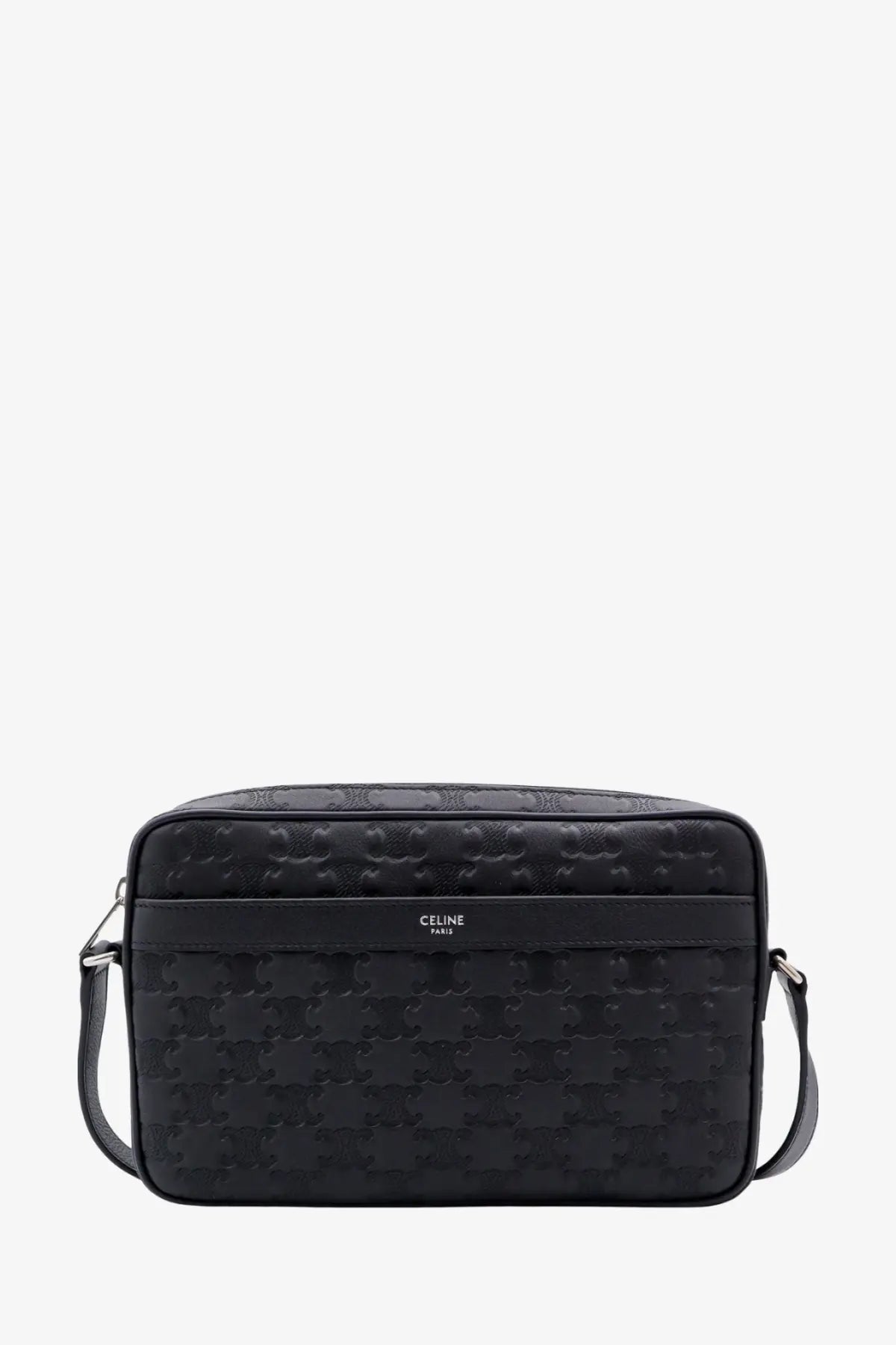 Black celine paris men’s triomphe leather messenger crossbody bag with embossed logo pattern and leather strap