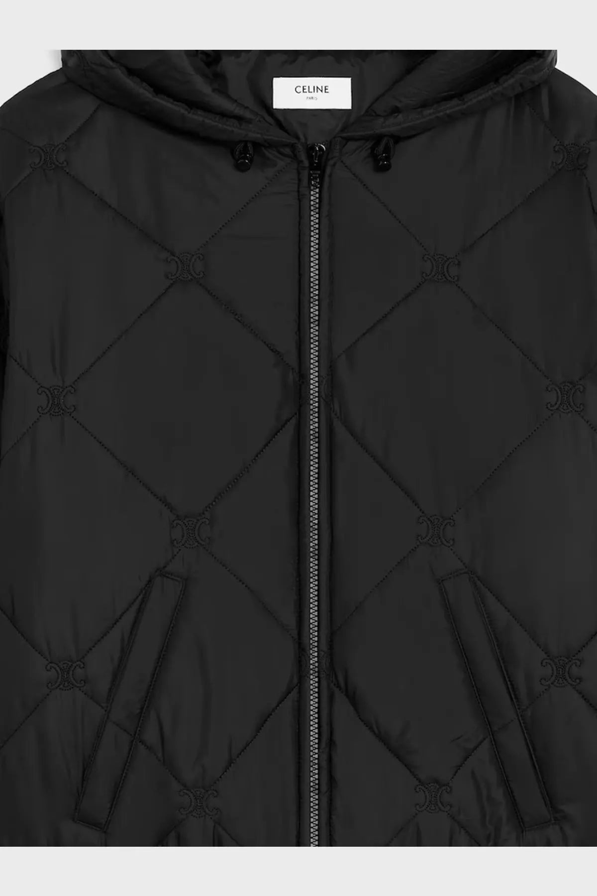 Black quilted celine men’s triomphe hooded jacket with diamond stitching and subtle embroidered logo pattern