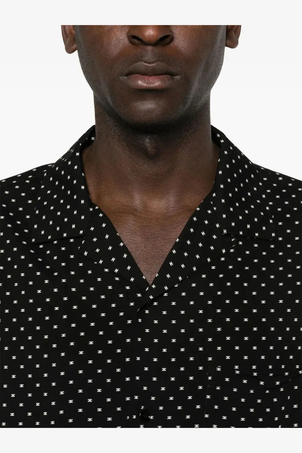 Celine men’s triomphe viscose button-up shirt in black with a subtle white crosshatch pattern