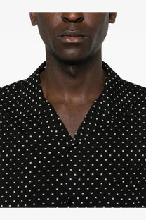 Celine men’s triomphe viscose button-up shirt in black with a subtle white crosshatch pattern