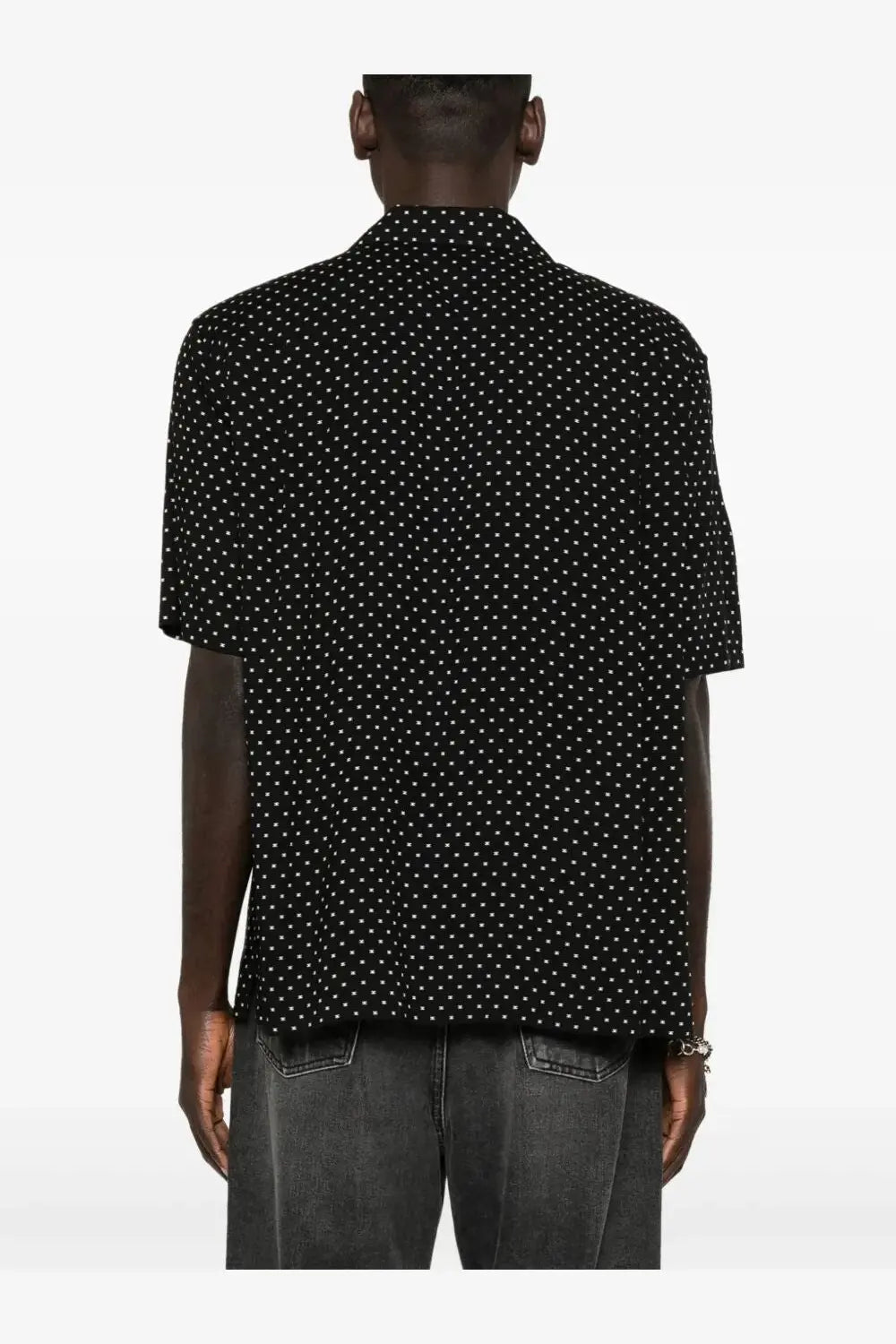 Celine men’s triomphe viscose shirt black short-sleeved button-up with subtle white polka dot pattern