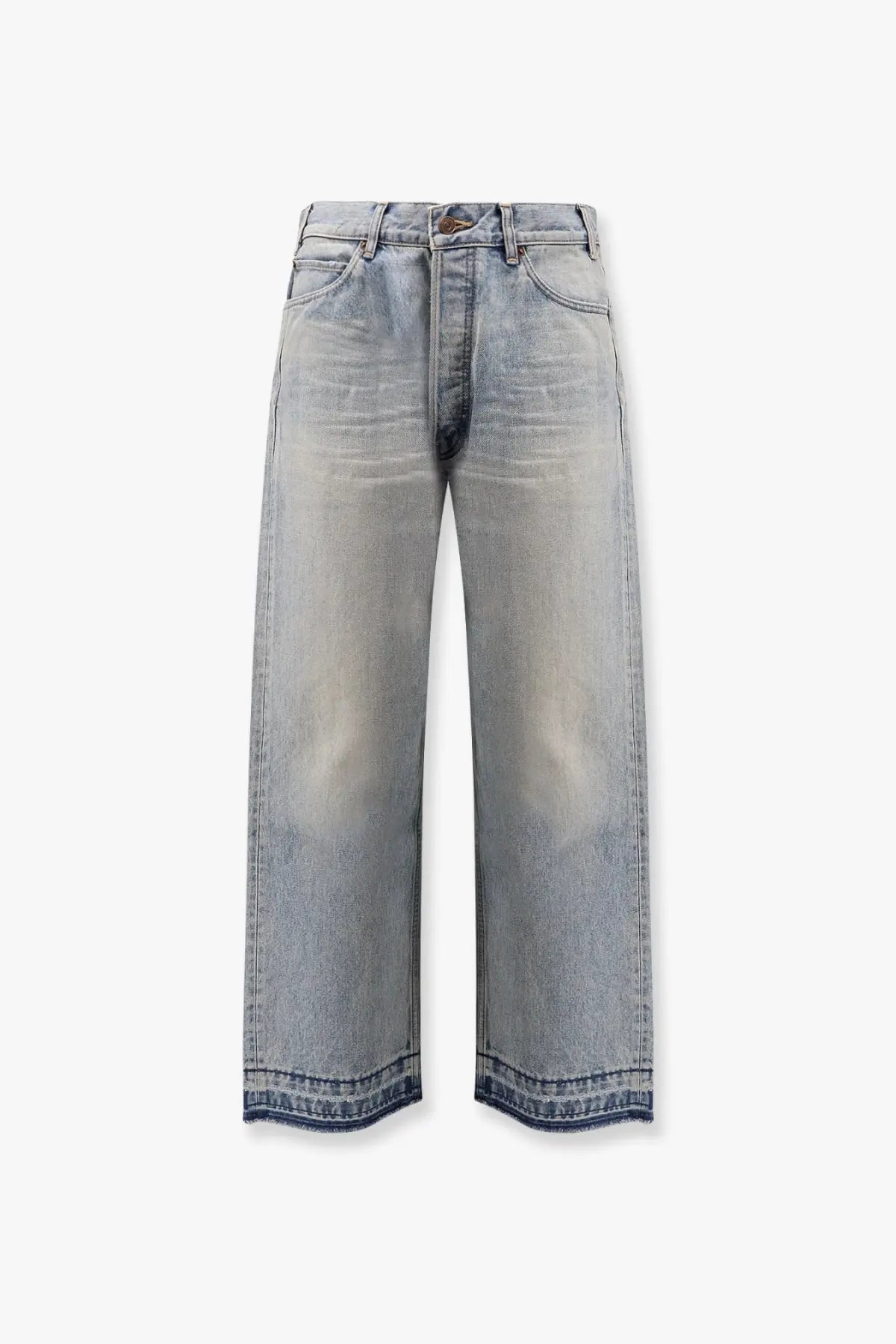 Light-wash denim jeans with wide-leg cut and frayed hems by celine men’s wesley zuma wash denim jeans