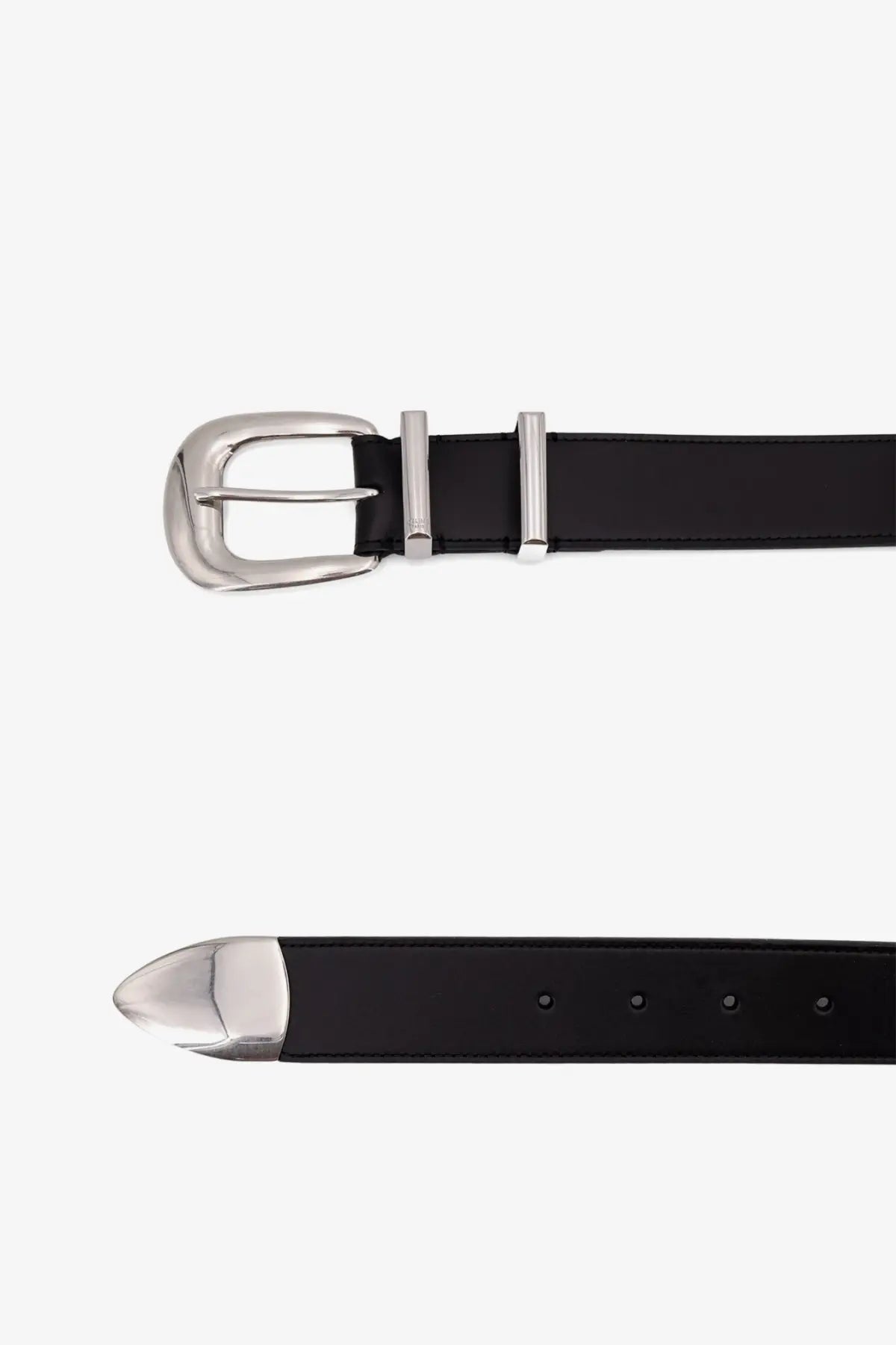 Celine men’s western leather belt black with silver-toned buckle and tip made of black leather