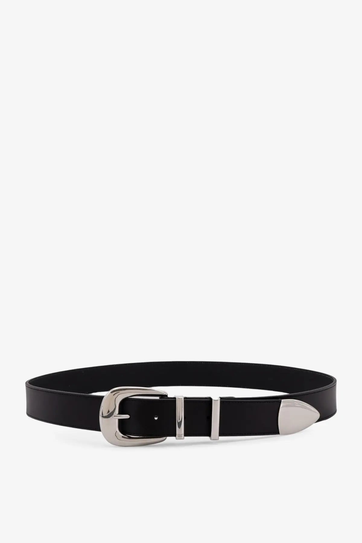 Celine men’s western leather belt black featuring a silver-toned buckle and matching metal tip