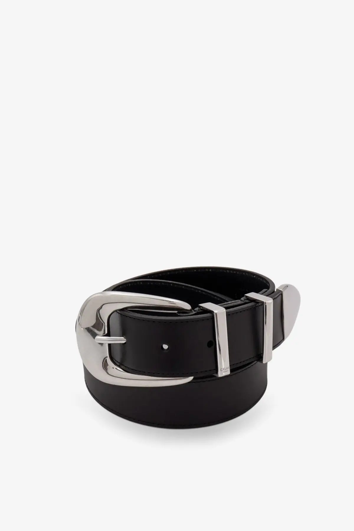 Celine men’s western leather belt black with a sleek silver-toned buckle and matching prong in leather material