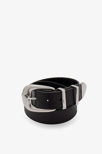 Celine men’s western leather belt black with a sleek silver-toned buckle and matching prong in leather material