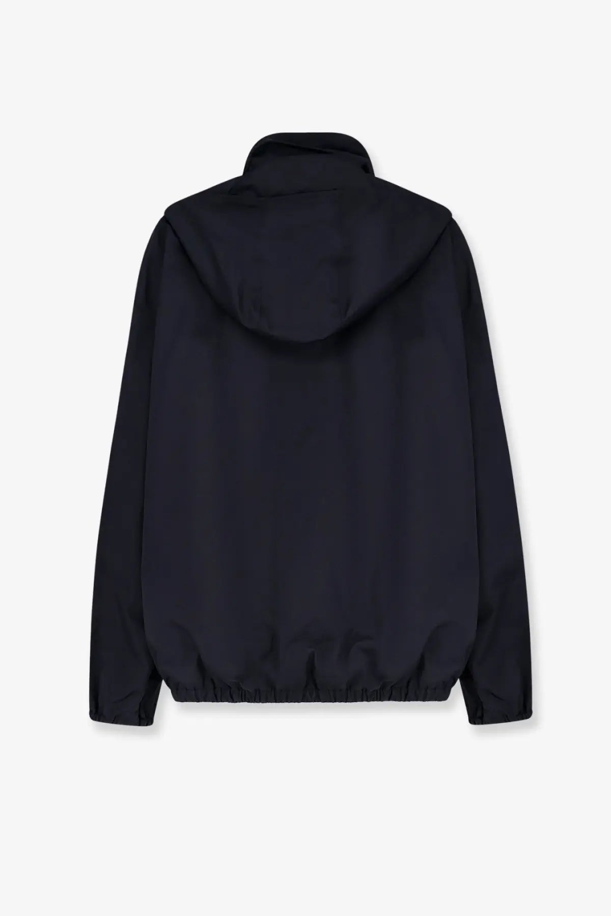 Celine men’s black windproof nylon jacket with sleek minimalist design and elastic cuffs shown from the back side