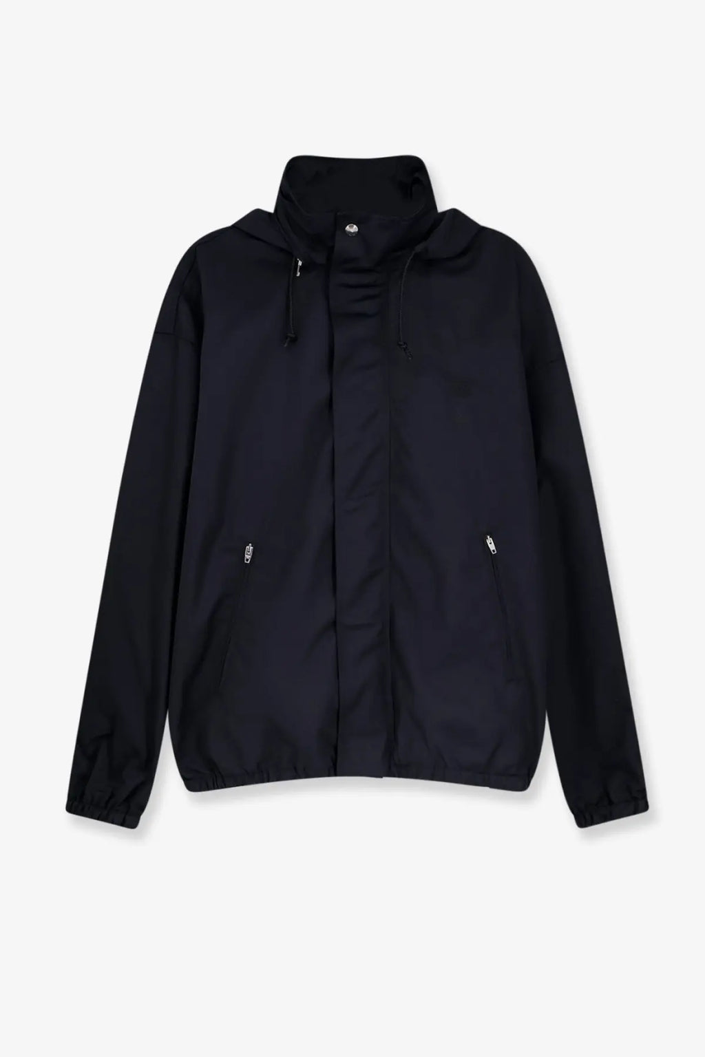 Celine men’s windproof black nylon jacket with a sleek hooded design and subtle white zipper pulls