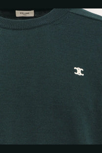 Dark green Celine men’s wool crewneck sweater with white embroidered logo on the chest