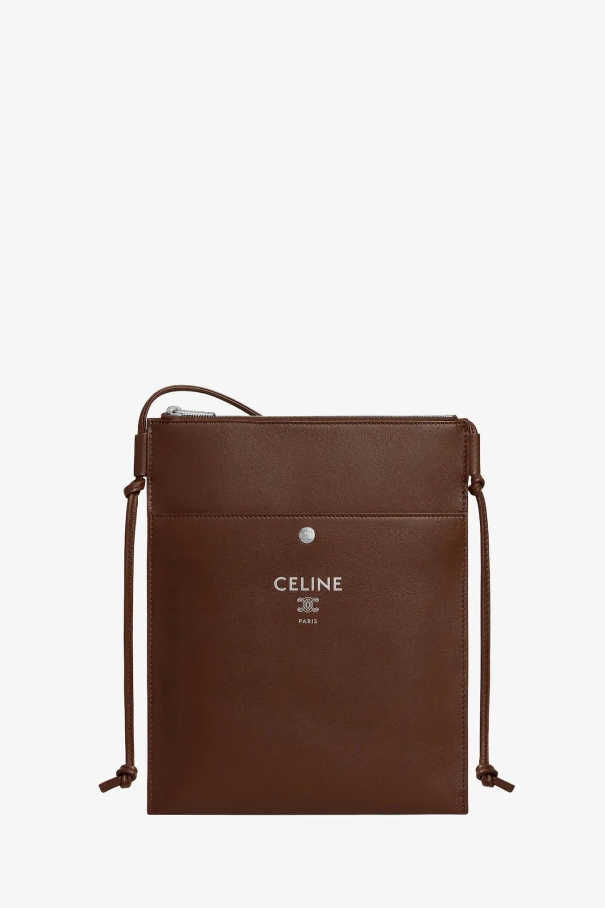 Brown leather celine paris unisex sharp crossbody bag with silver logo and drawstring straps