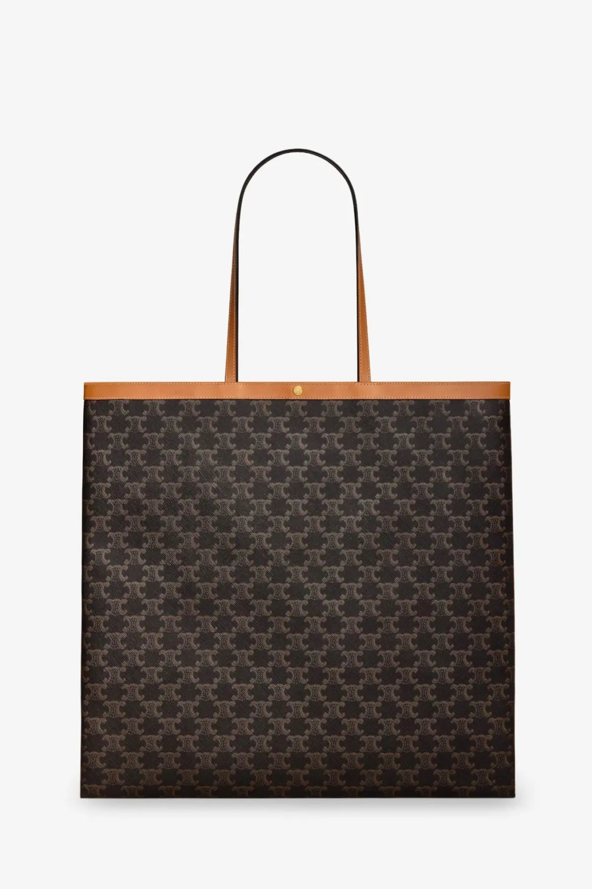 Brown celine unisex triomphe fabric shopper bag miel with repeating monogram pattern and tan leather handles