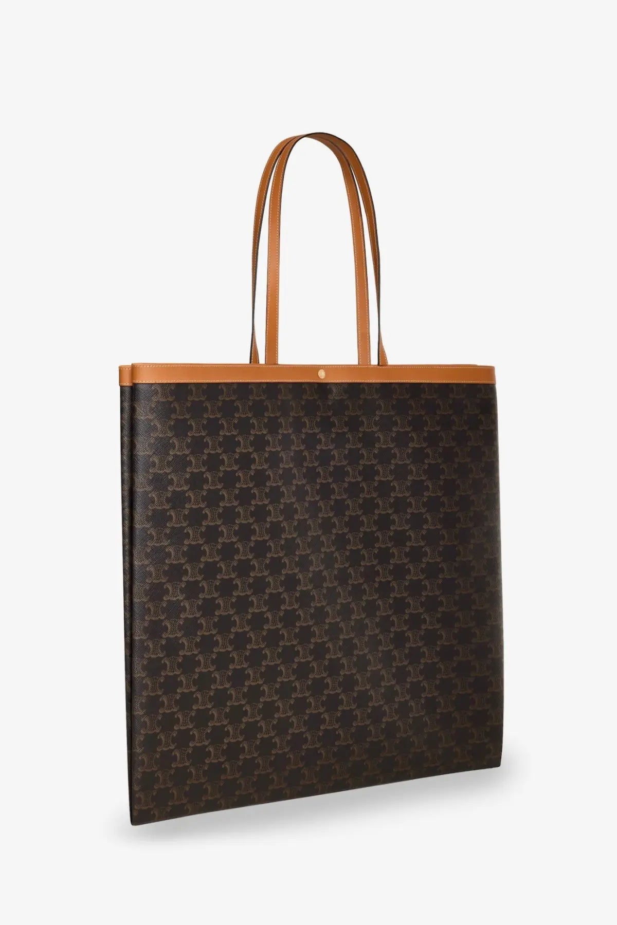 Brown celine unisex triomphe fabric shopper bag miel with tan leather handles and repeating monogram pattern