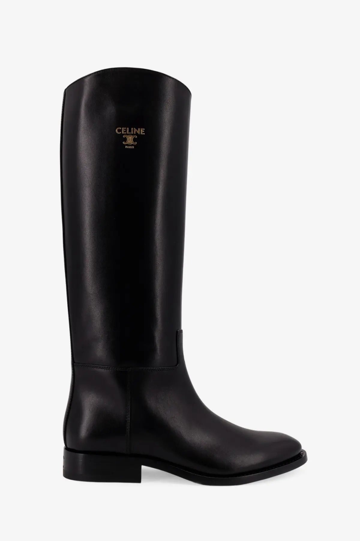 Black Celine women’s Anais riding boot in sleek glossy leather with gold-tone logo embossed on the upper