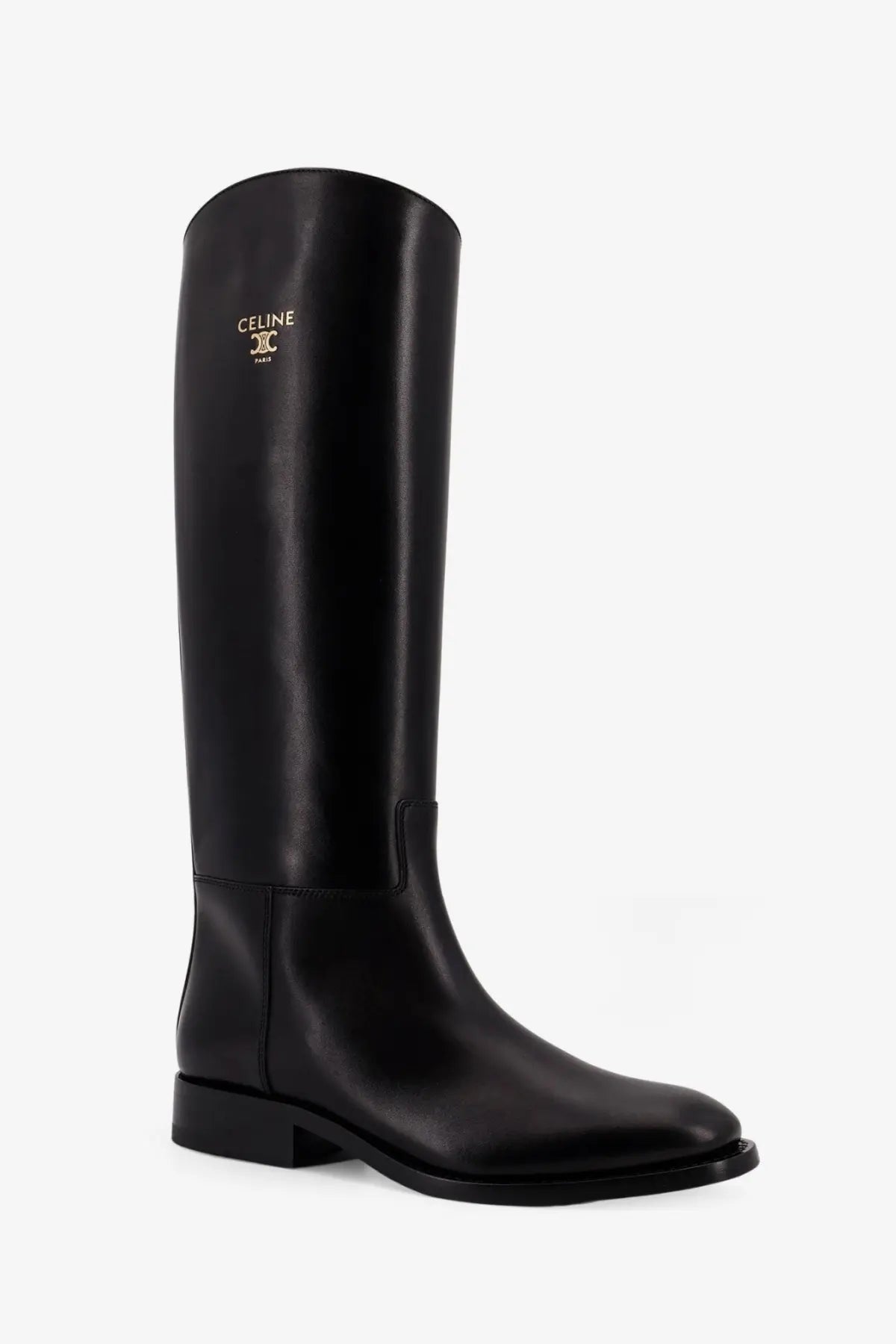 Black celine womens anais leather riding boot with sleek polished finish and gold logo detailing on upper shaft