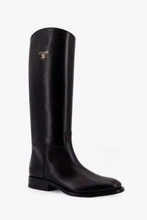 Black celine womens anais leather riding boot with sleek polished finish and gold logo detailing on upper shaft