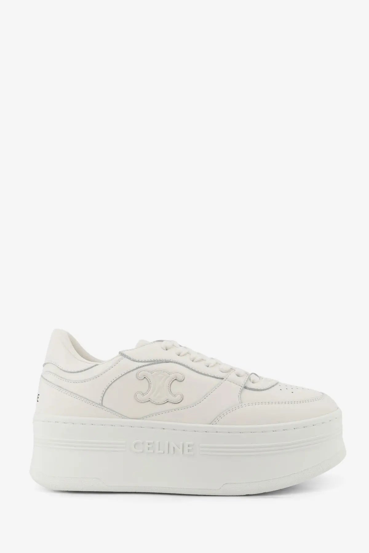 Celine women’s block sneakers white platform sneaker with sleek minimalist design and embossed Celine logo on side