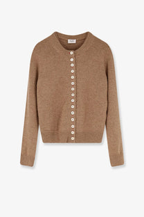 Camel-colored celine womens cashmere cardigan with ribbed neckline cuffs hem and cream buttons down the front