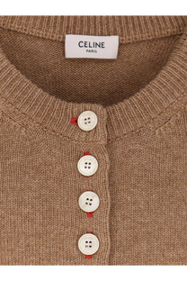 Celine women’s beige cashmere cardigan with cream buttons featuring logo and red thread accents