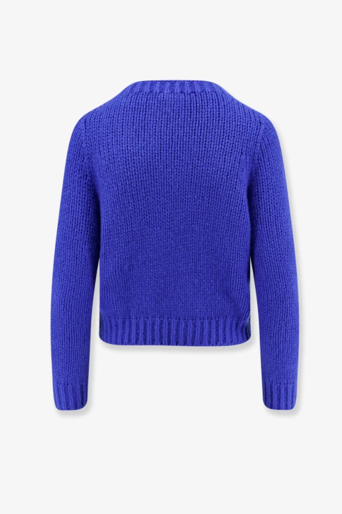 Vibrant royal blue knitted celine women’s cashmere and silk blend sweater with ribbed crew neckline and cuffs