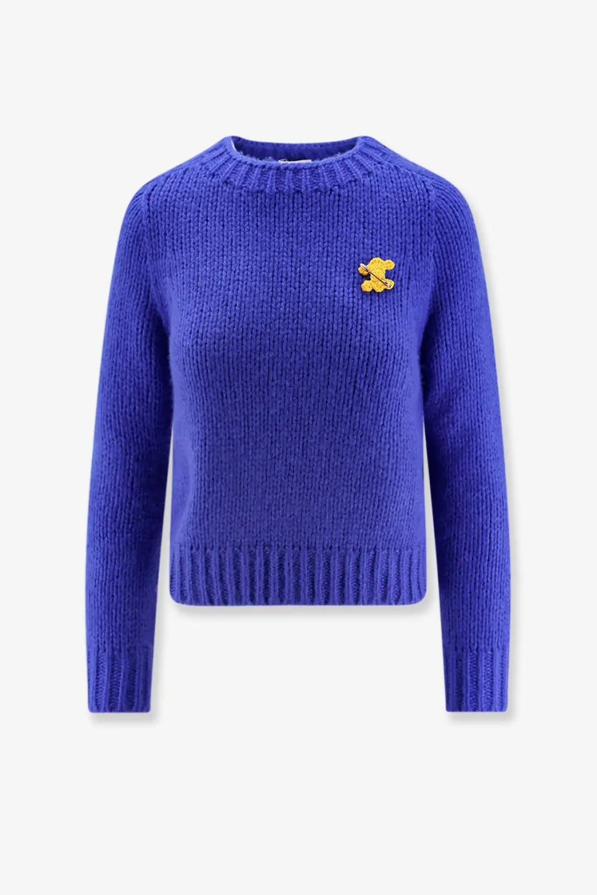 Celine women’s royal blue ribbed knit sweater with cashmere silk blend and small yellow bear pin on left chest