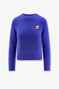Celine women’s royal blue ribbed knit sweater with cashmere silk blend and small yellow bear pin on left chest