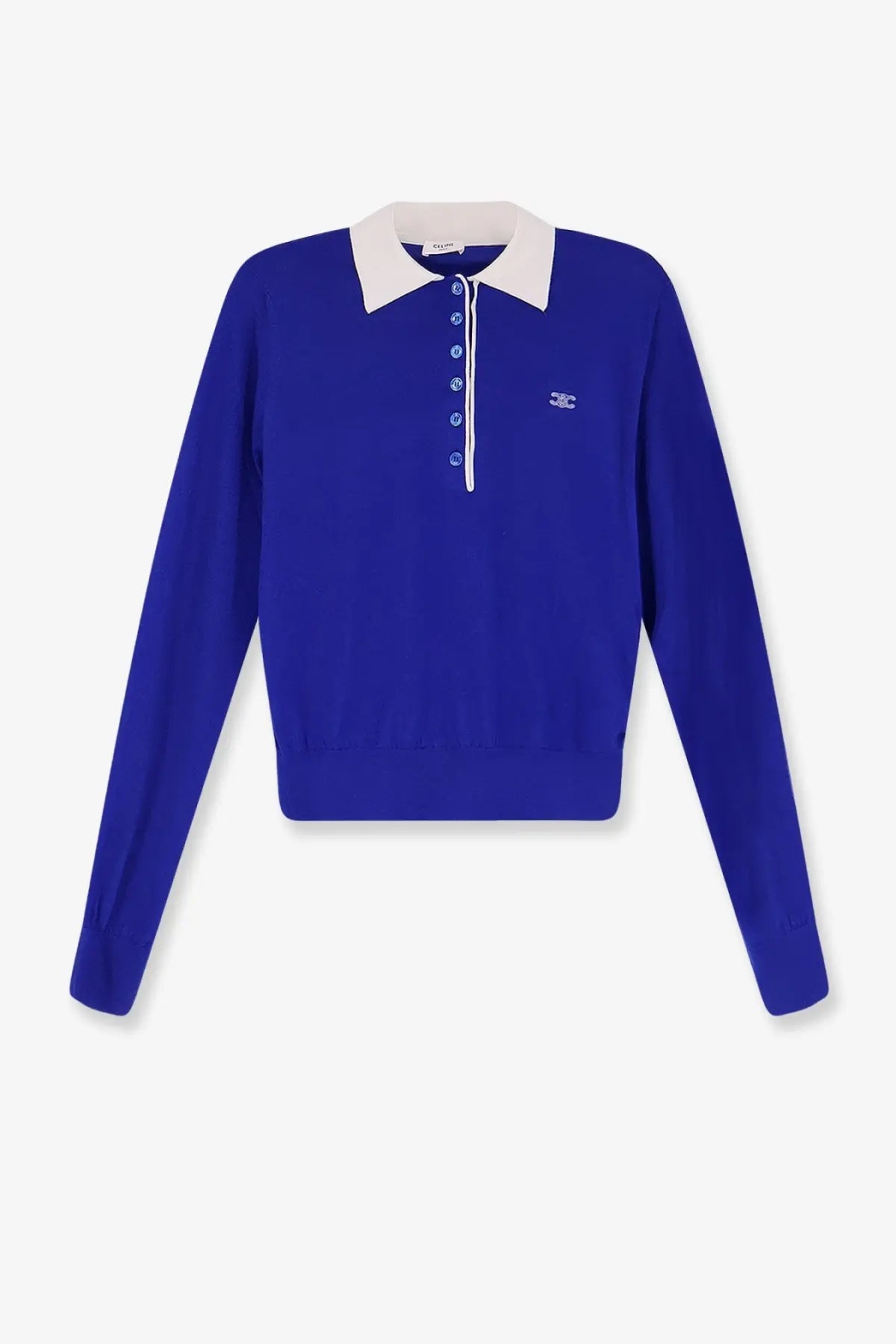 Celine women’s royal blue cropped cashmere and silk polo shirt with white collar and subtle chest embroidery