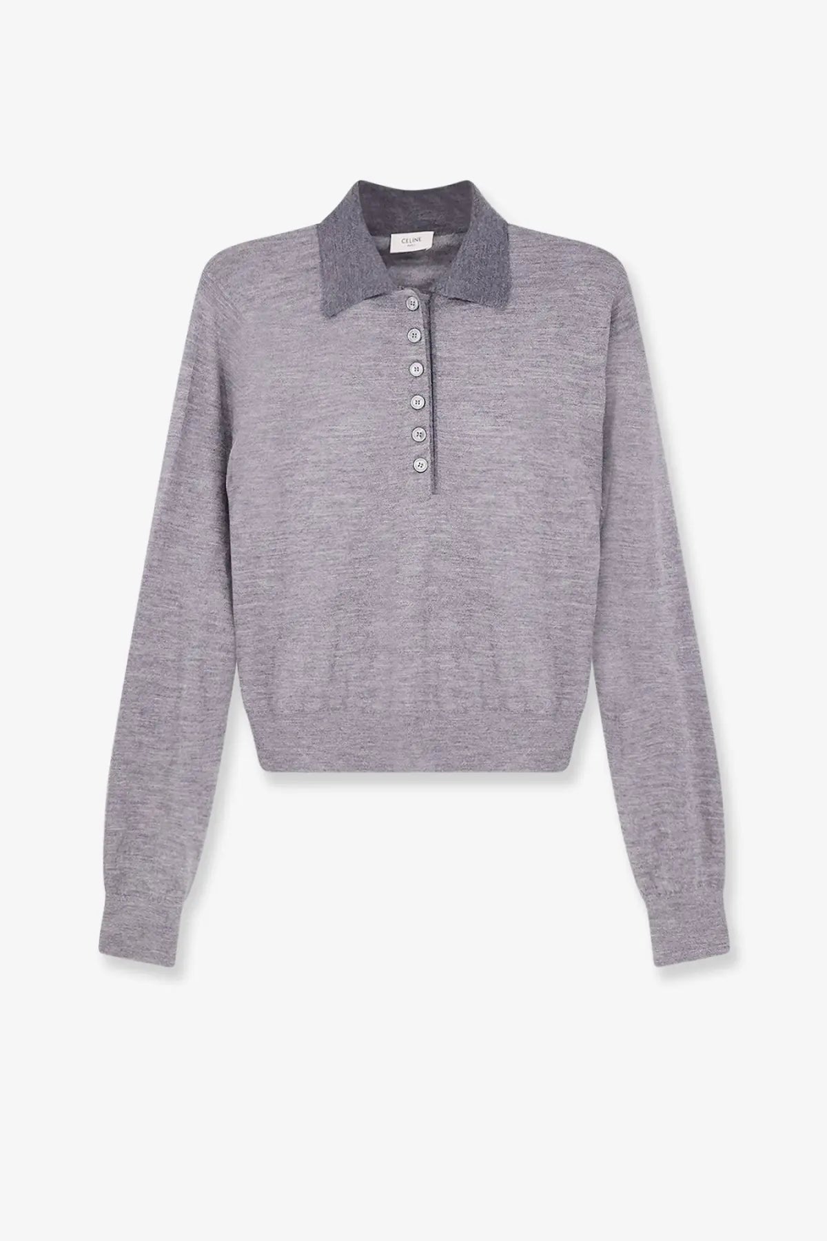 Celine womens cashmere and silk polo shirt in soft heather gray knit with darker collar and matching buttons