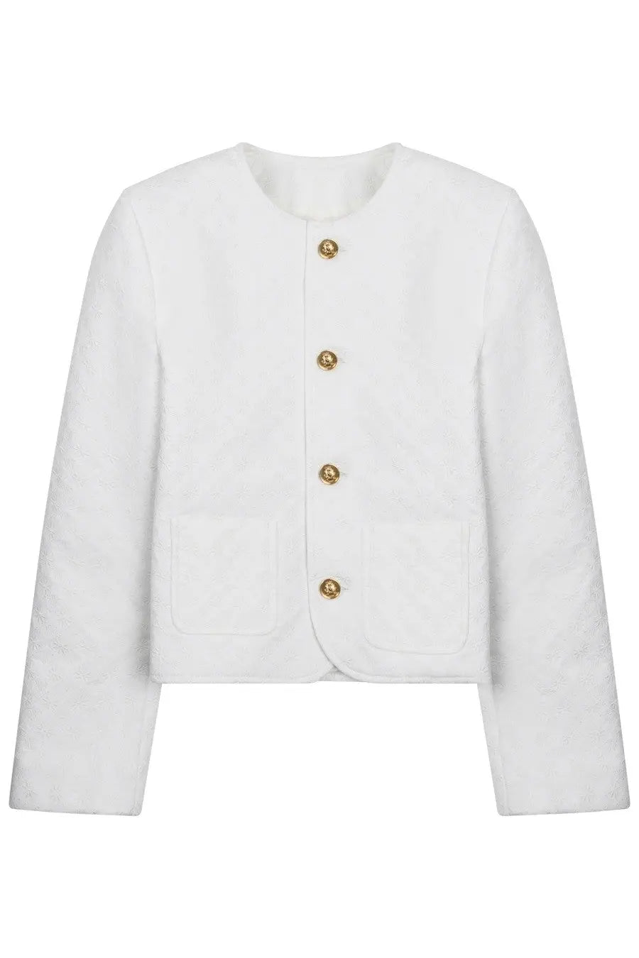 Celine women’s chelsea white cropped blazer with gold-tone buttons and subtle textured fabric