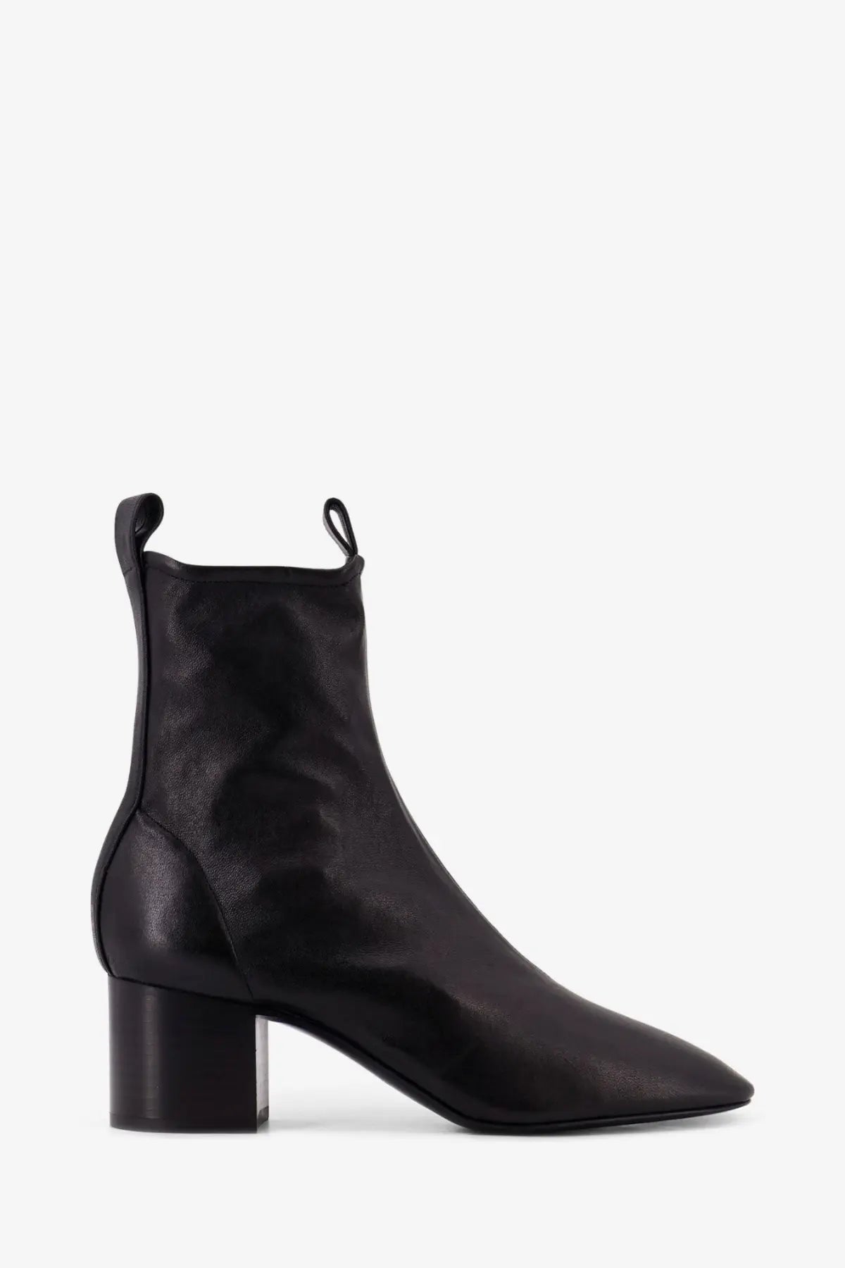 Black leather ankle boot with block heel and pull tabs at the back from Celine womens cheri leather boots black