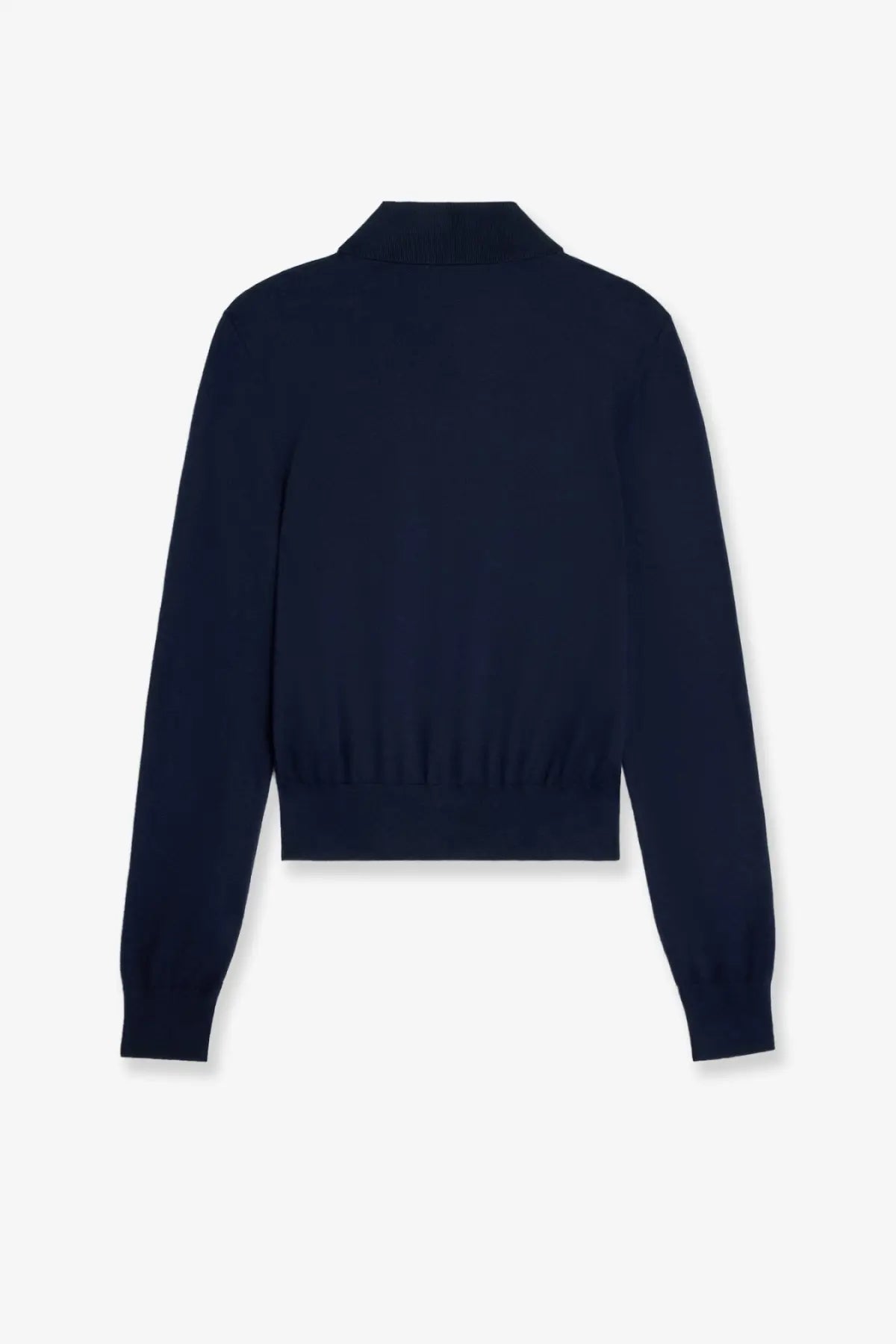 Navy blue cropped cotton knit sweater with stand-up collar and ribbed cuffs from Celine women’s collection