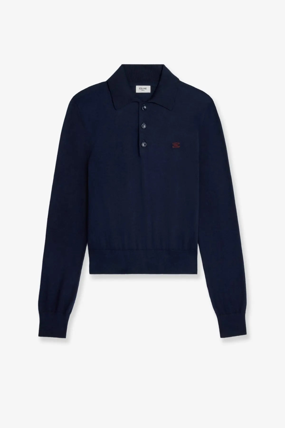 Navy blue celine women’s cotton knit polo sweater with subtle embroidered logo and white buttons on the left chest