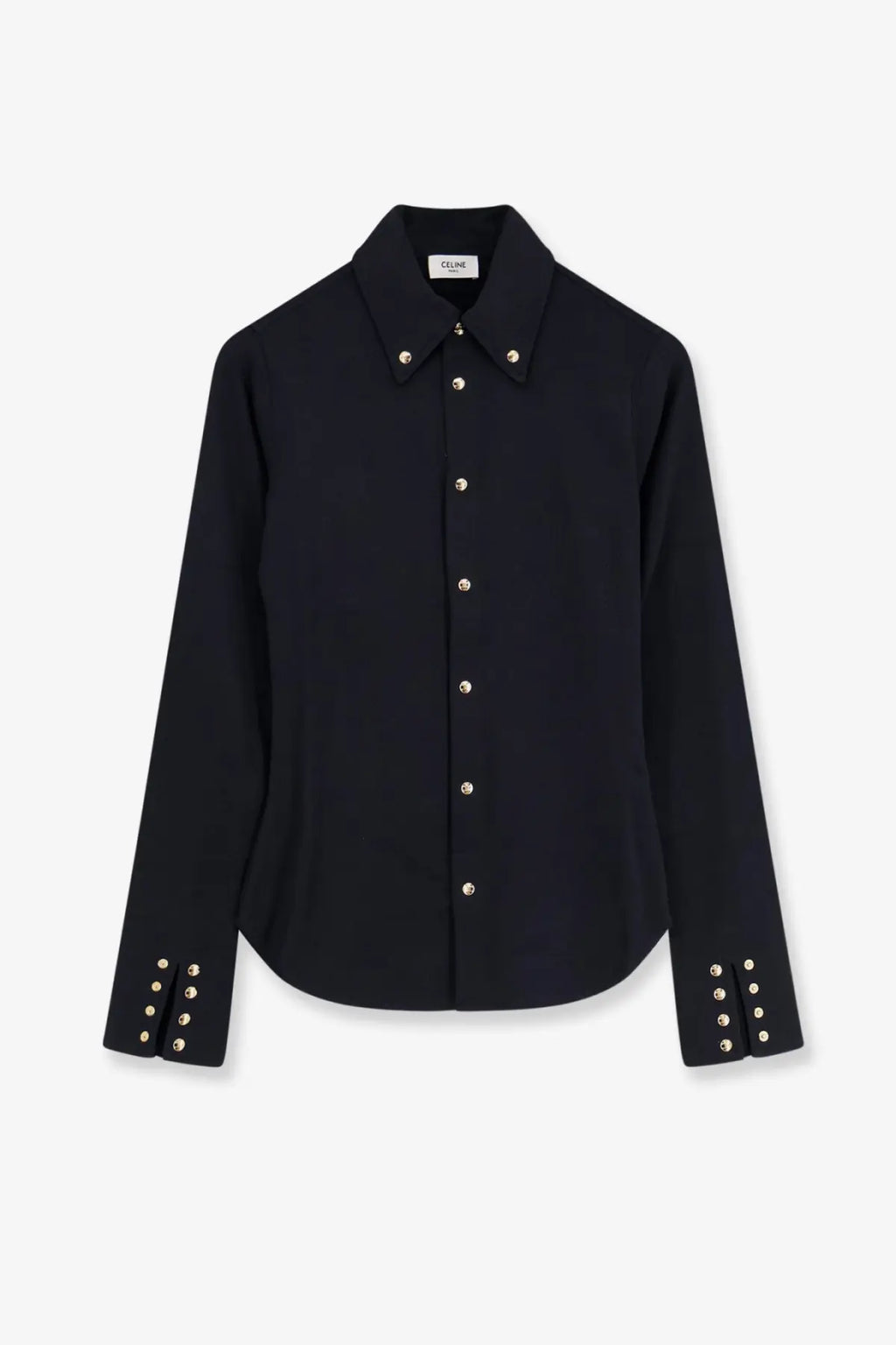 Black celine women’s cotton button-down shirt with silver-toned buttons and decorative studs on cuffs