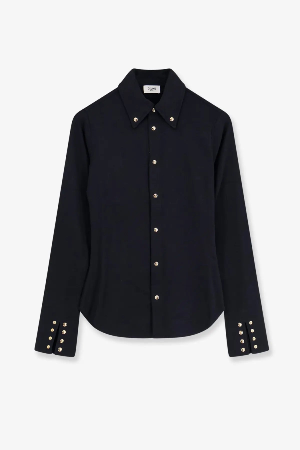 Black celine women’s cotton button-down shirt with silver-toned buttons and decorative studs on cuffs