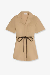 Celine women’s beige cotton and silk short-sleeved shirt dress with collar, front pocket, and brown leather tie belt