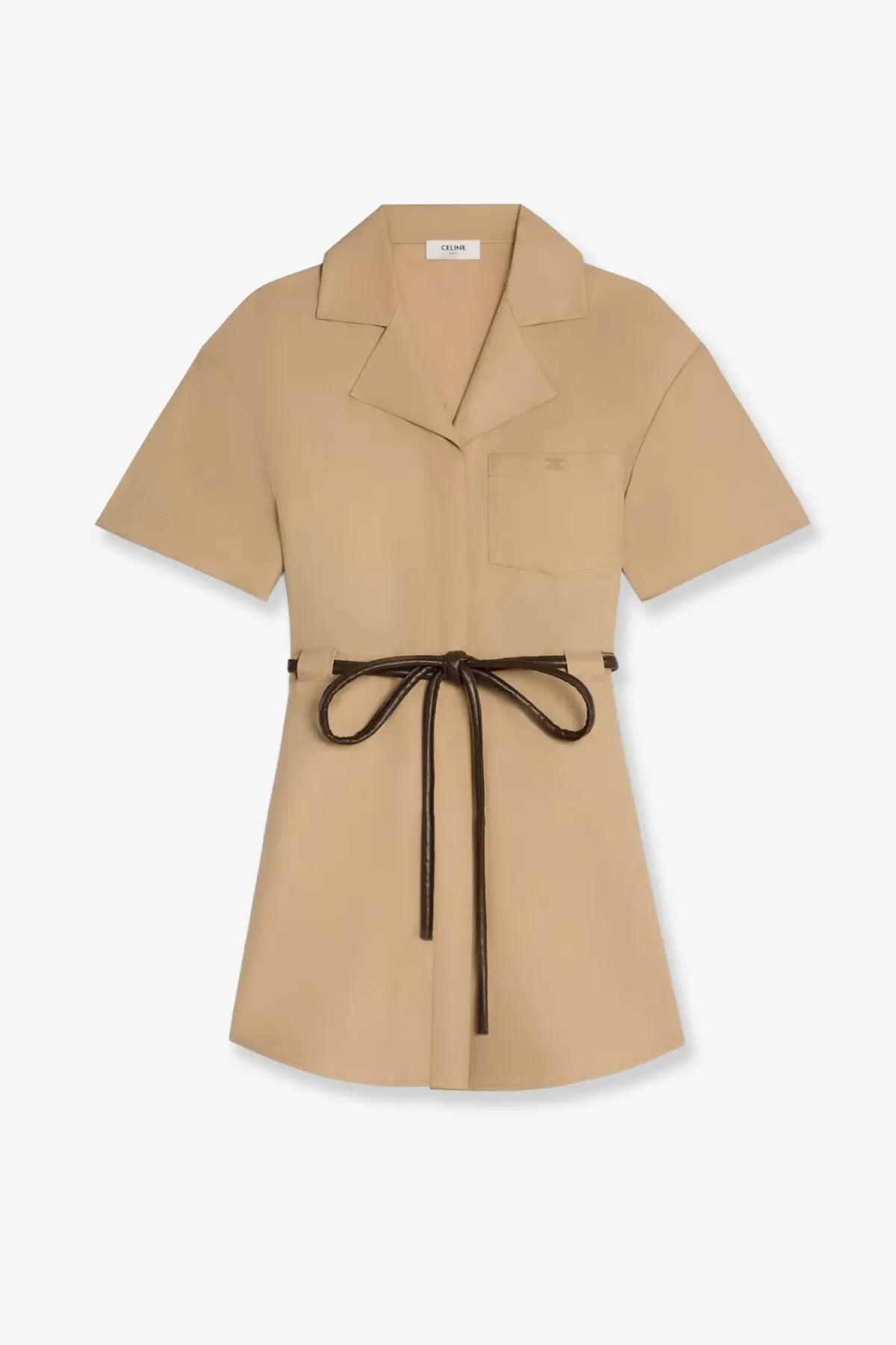 Beige short-sleeved cotton and silk shirt dress with collar front pocket and brown leather tie belt by celine womens