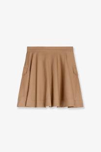 Celine women’s beige cotton skirt with tan pleats two side pockets and straight waistband front view