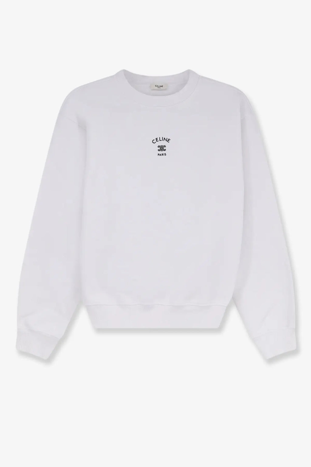 White celine paris crewneck sweatshirt with minimalist black logo embroidered on chest cotton material for women