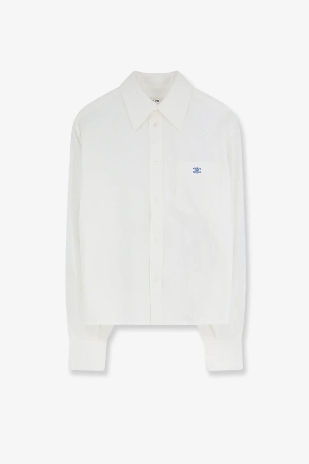 Celine women’s white long-sleeved button-up shirt with subtle embroidered logo on chest pocket