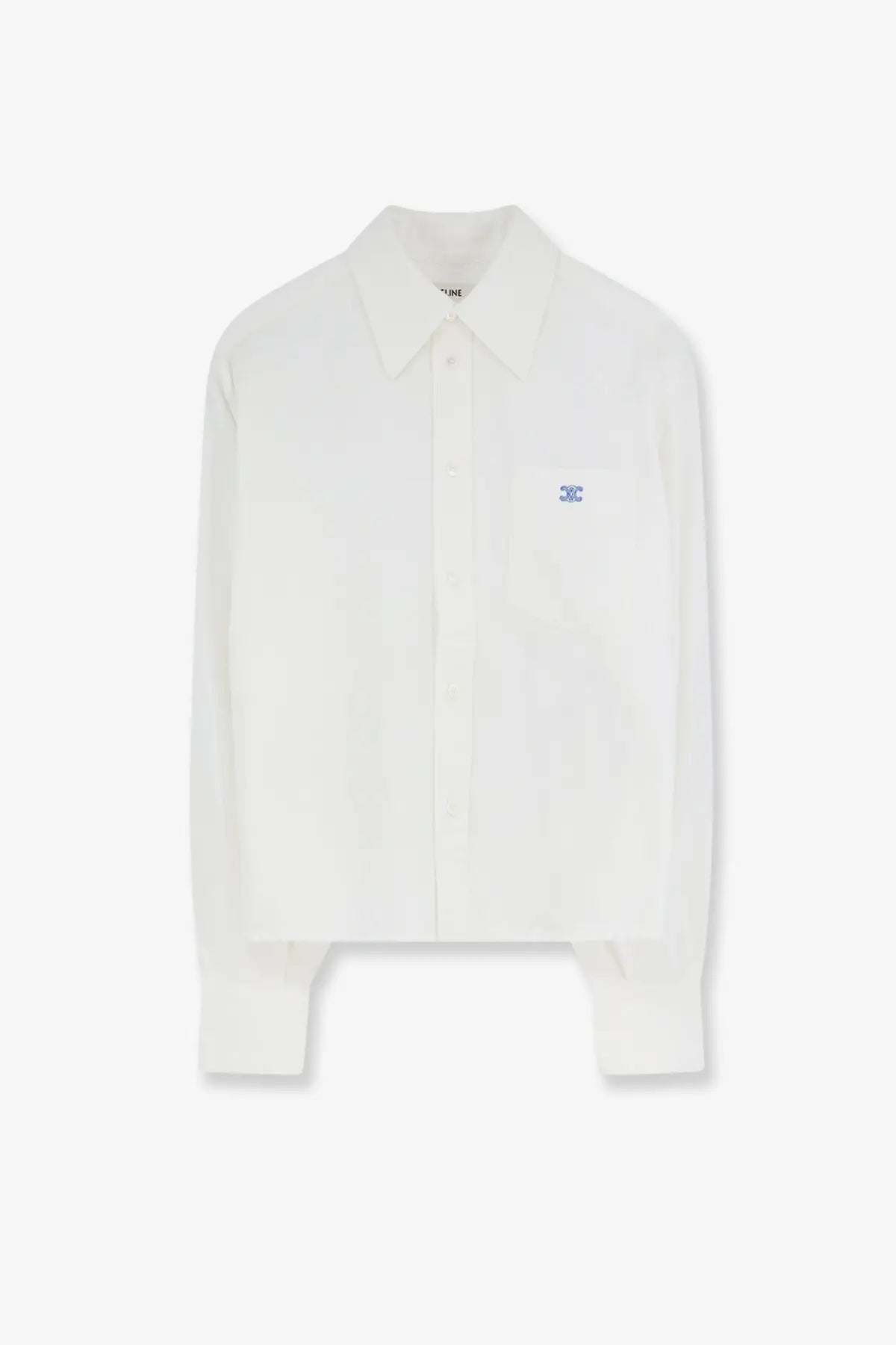 Celine women’s white long-sleeved button-up shirt with subtle embroidered logo on chest pocket
