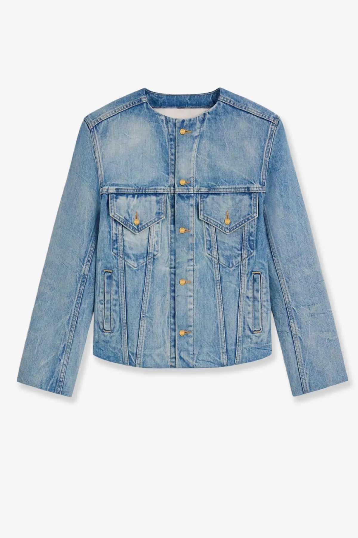Celine women’s light-wash denim jacket with classic button-up front chest flap pockets and gold-tone buttons blue
