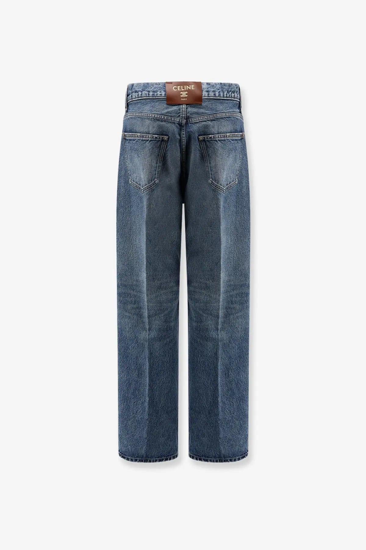 Celine women’s high-waisted wide-leg denim jeans in medium blue wash showing classic stitching and back pockets from the back side