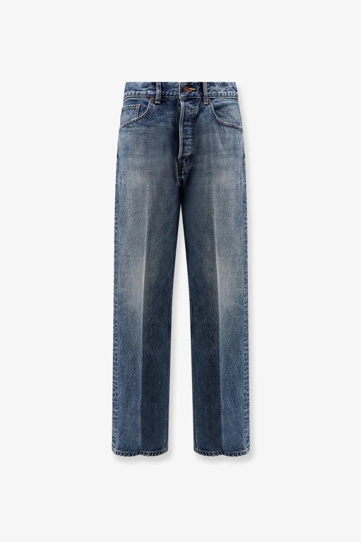 Celine women’s high-waisted wide-leg denim jeans in faded medium-blue wash with classic stitching and button closure