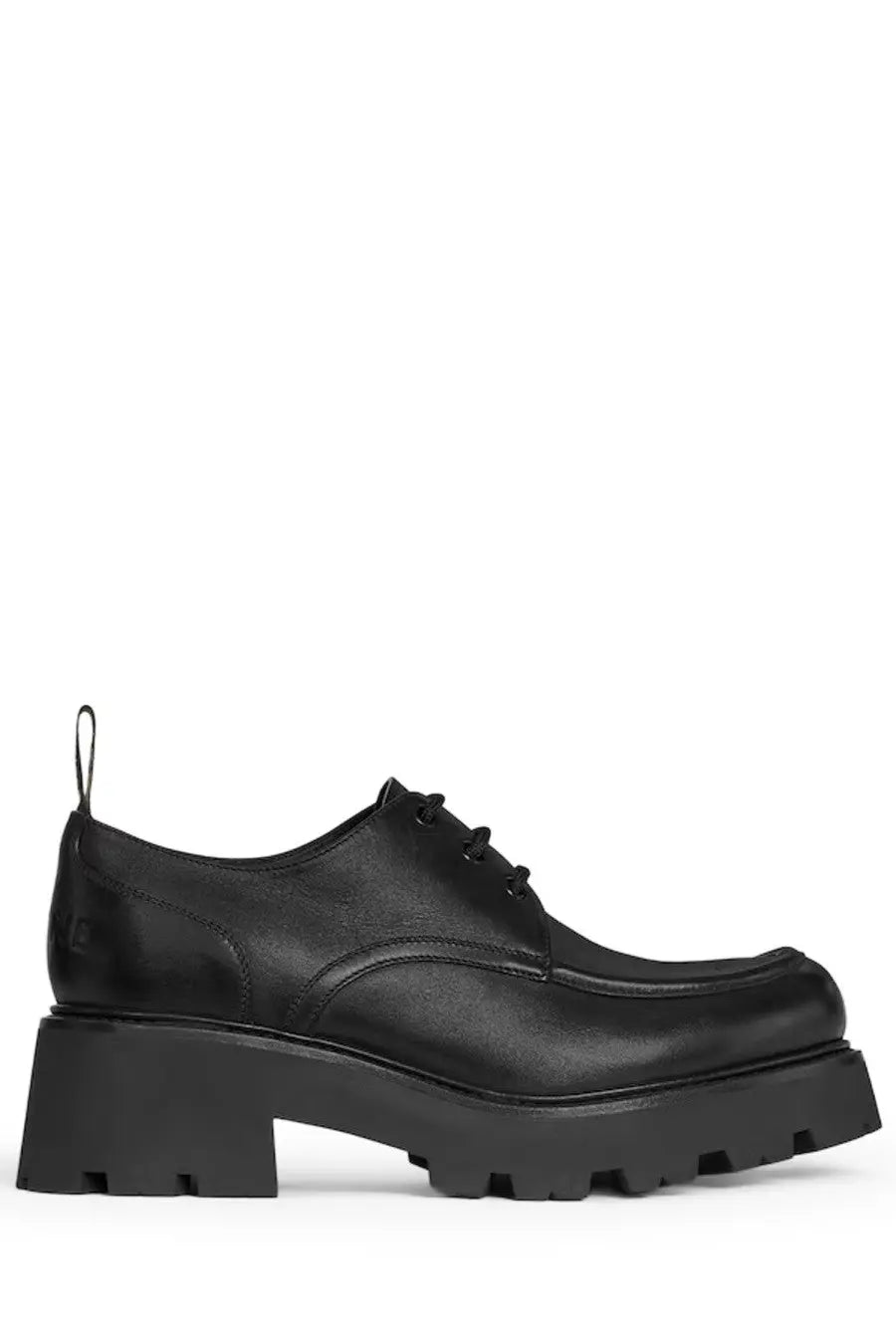 Celine women’s derby triomphe black leather oxford shoe with chunky textured rubber sole front view