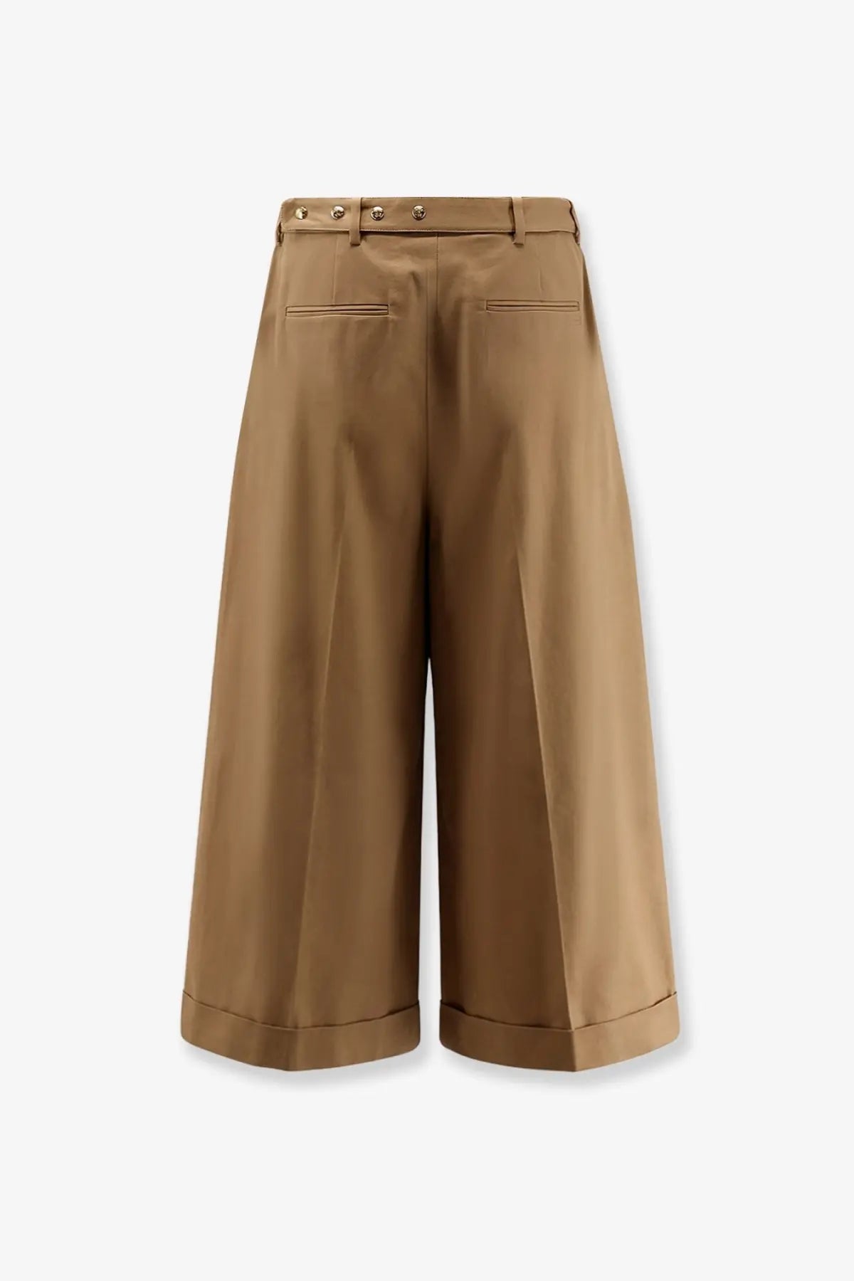 Celine women’s dock cotton trousers beige tan wide-leg cropped with buttoned waistband and rolled cuffs