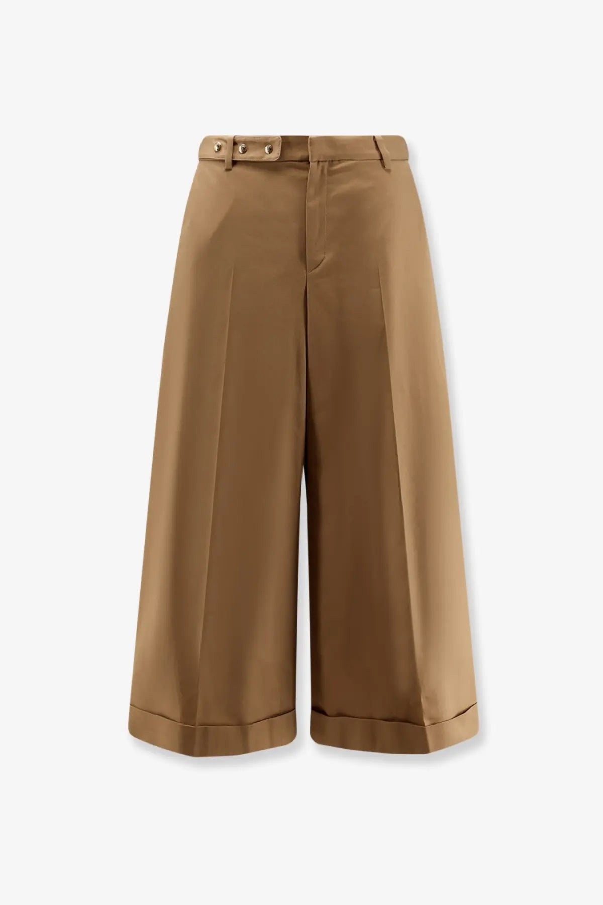 Celine women’s dock cotton beige trousers with wide-leg cropped fit, buttoned belt loops, and rolled cuffs