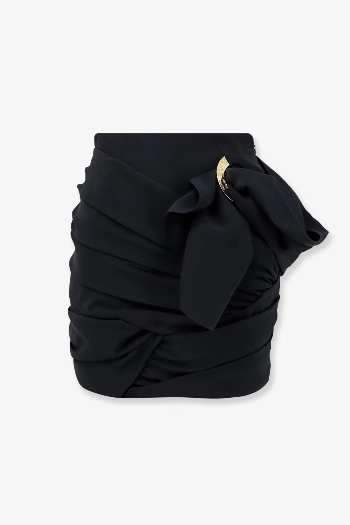 Celine women’s black ruched draped mini skirt with gold circular buckle and fabric bow detail for stylish wear
