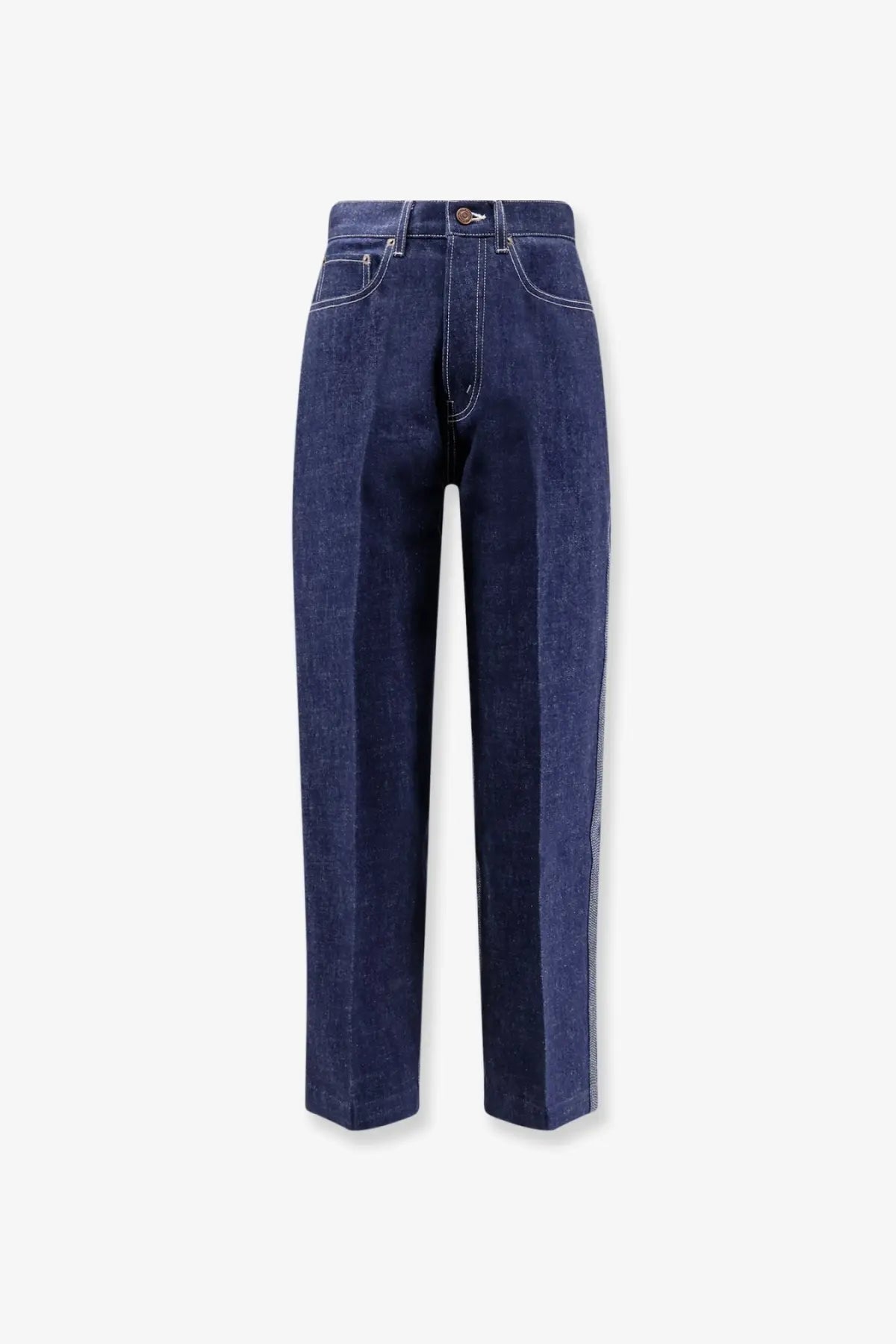 Dark indigo high waist straight-leg denim trousers with white stitching celine womens jeans lightrinse